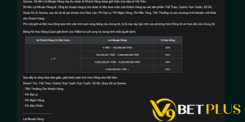 Tỷ lệ hoa hồng theo chính sách đại lý của V9bet